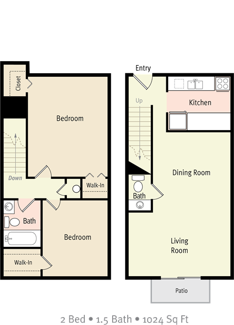 Floor plan for 2 beds, 1.5 baths, 1024 sqft